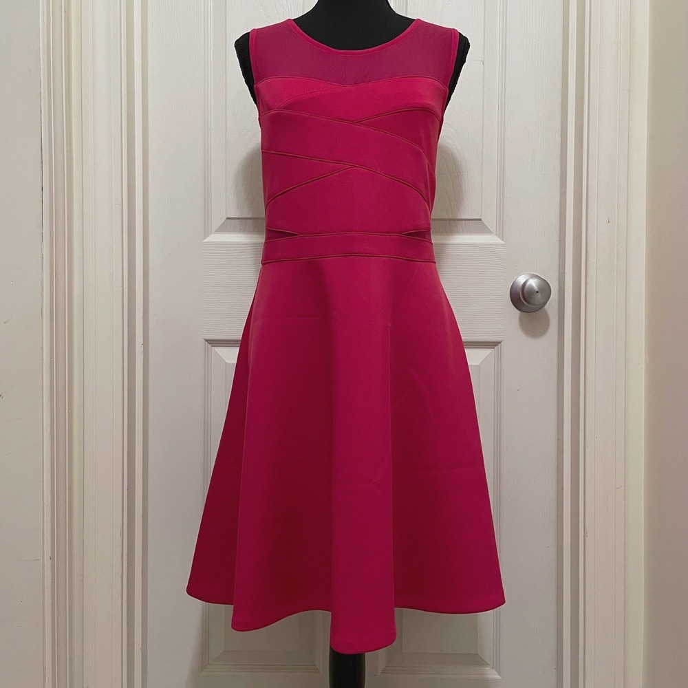 GUESS Fit and Flare‎ Dress Fuchsia Pink Mesh Sheer Cutout Sleeveless Sz 14 Party